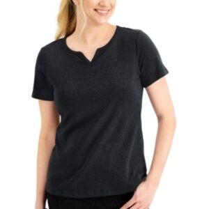 NWT Karen Scott Petite Cotton Black Split-Neck Top Size S